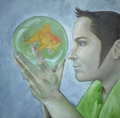 Ölbild einer Frau in grünem Pullover mit einem Goldfischglas, welches das Element Wasser verkörpert